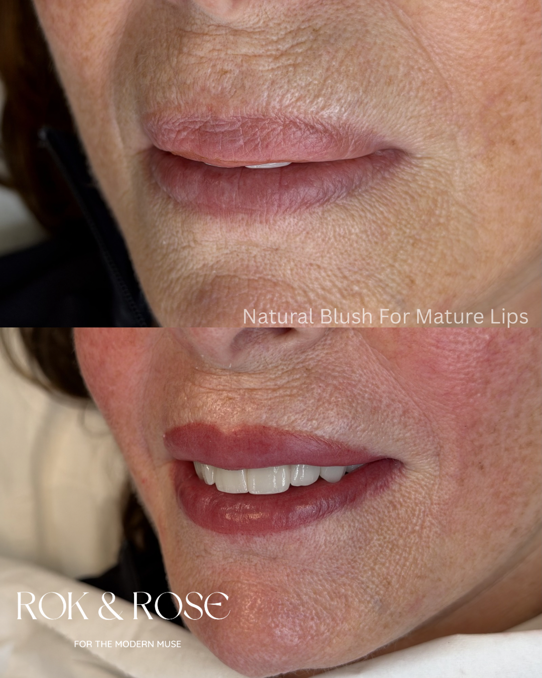 Before-and-after close-up of a woman's lower face showing natural blush applied to mature lips. The top panel shows dry, less pink lips with text 'Natural Blush For Mature Lips', and the bottom panel shows the desired rosy lip color.