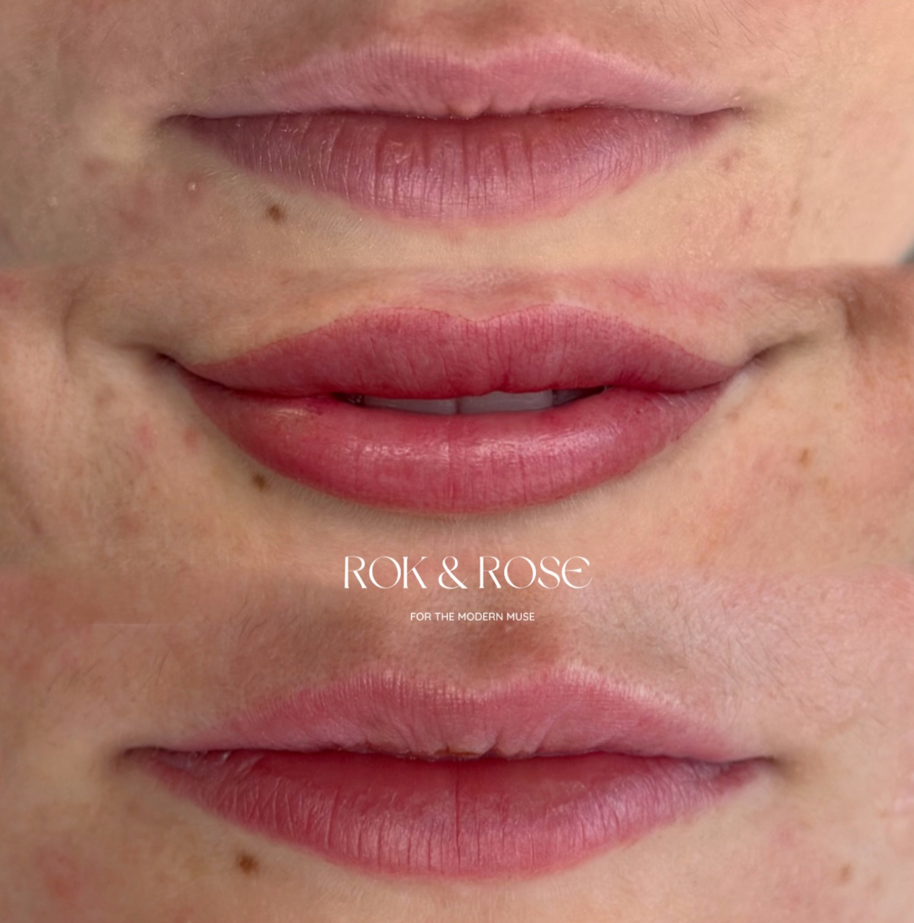 Close-up of a person's lips showing three different lip color looks, with the text 'ROK & ROSE FOR THE MODERN HUG' in the center.